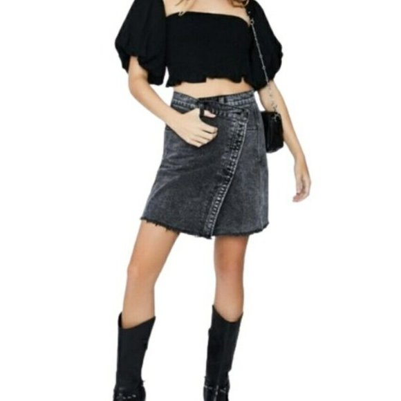 Free People Womens Parker Sulfur Black Denim Mini Frayed Hem Wrap Skirt Size 25 - Picture 3 of 11